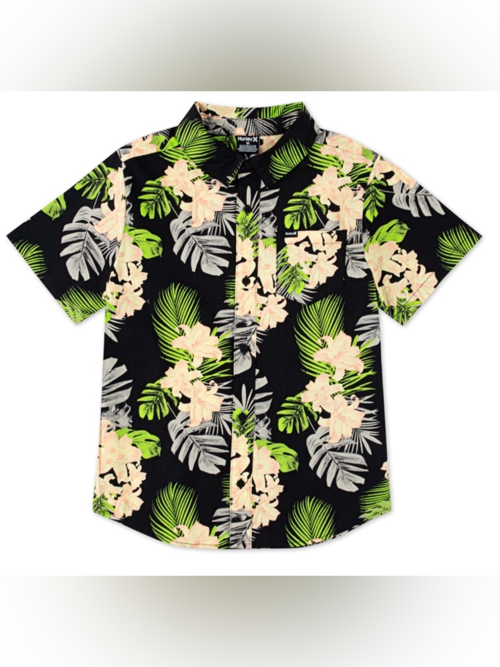 Hurley Boys Medium Tropical Collared Shirt Black Floral Stretch NWT Button Up